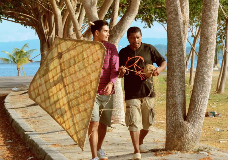 Два человека на тропическом острове идут по берегу моря и несут воздушный змей ромбовидной формы, сделаный из листьев